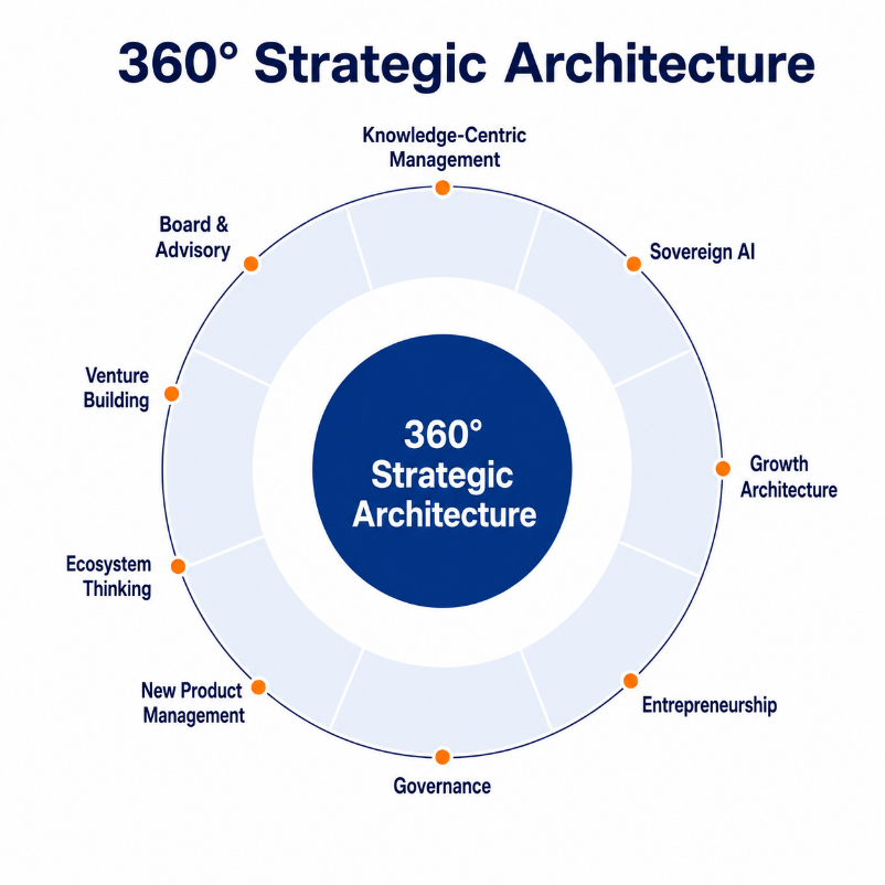 360° Strategic Architecture diagram showing knowledge-centric management, sovereign AI, growth architecture, entrepreneurship, governance, ecosystem thinking, board advisory and venture building.